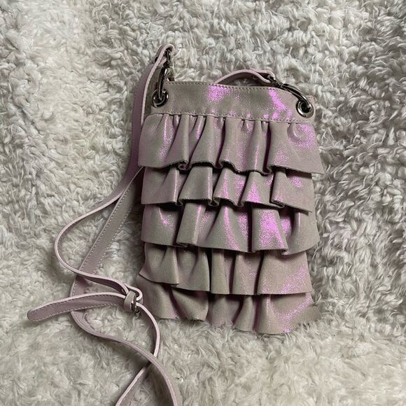 NWOT Maurizio Taiuti leather soft iridescent pink ruffle small crossbody bag - Picture 4 of 11